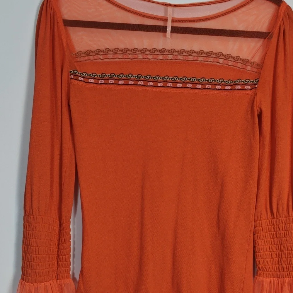FREE PEOPLE  High Tides Embroidered Flare Sleeve Top Orange Boho XS